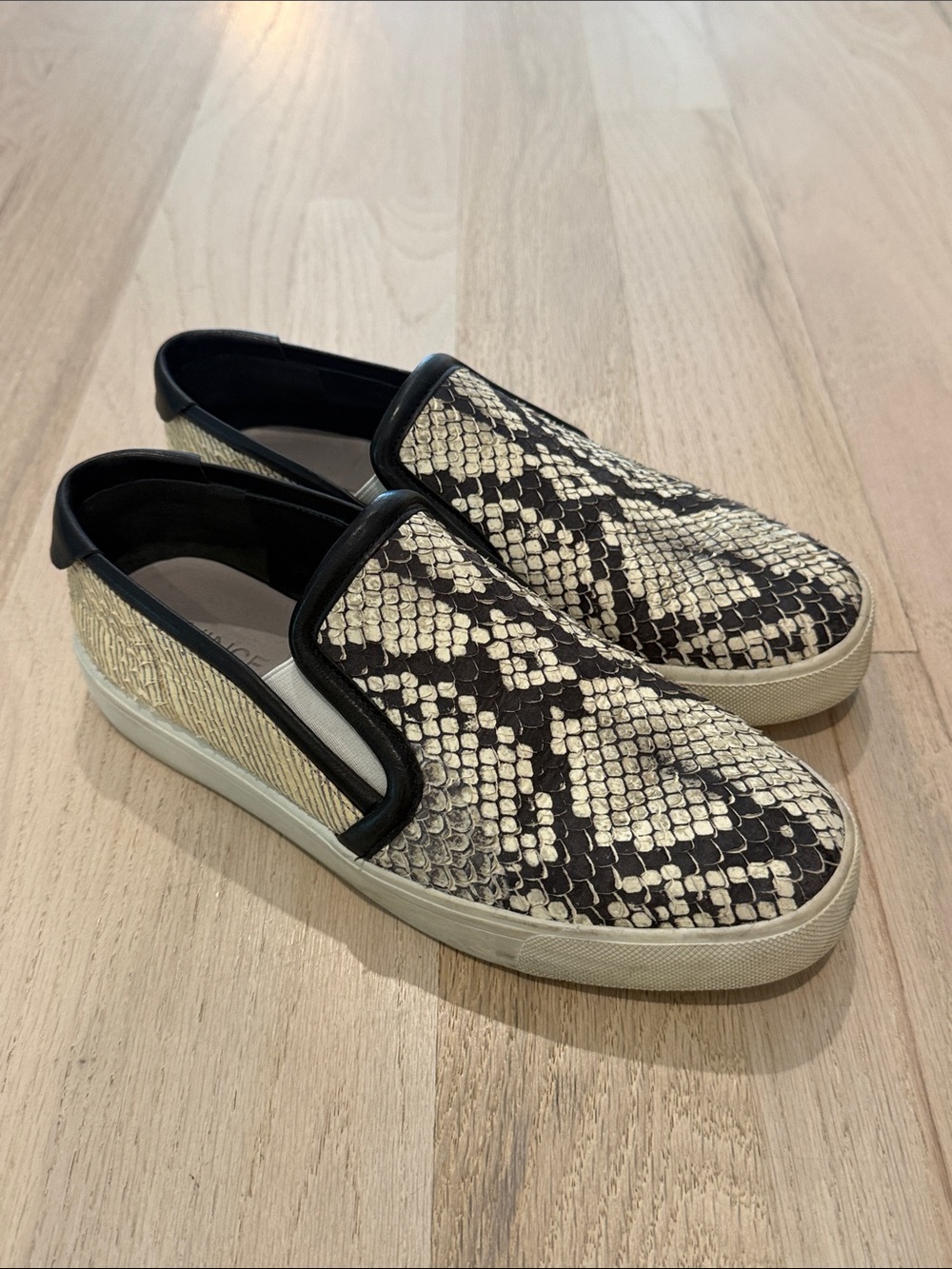 Vince Women's Slip-On Sneakers in Black and Cream Snakeskin